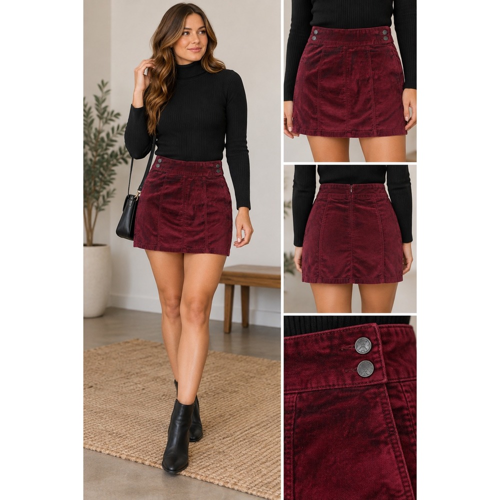 Free People Burgundy Velvet Mini Skirt Button Side Back Zip W 29 61855-16515125 - Picture 1 of 10